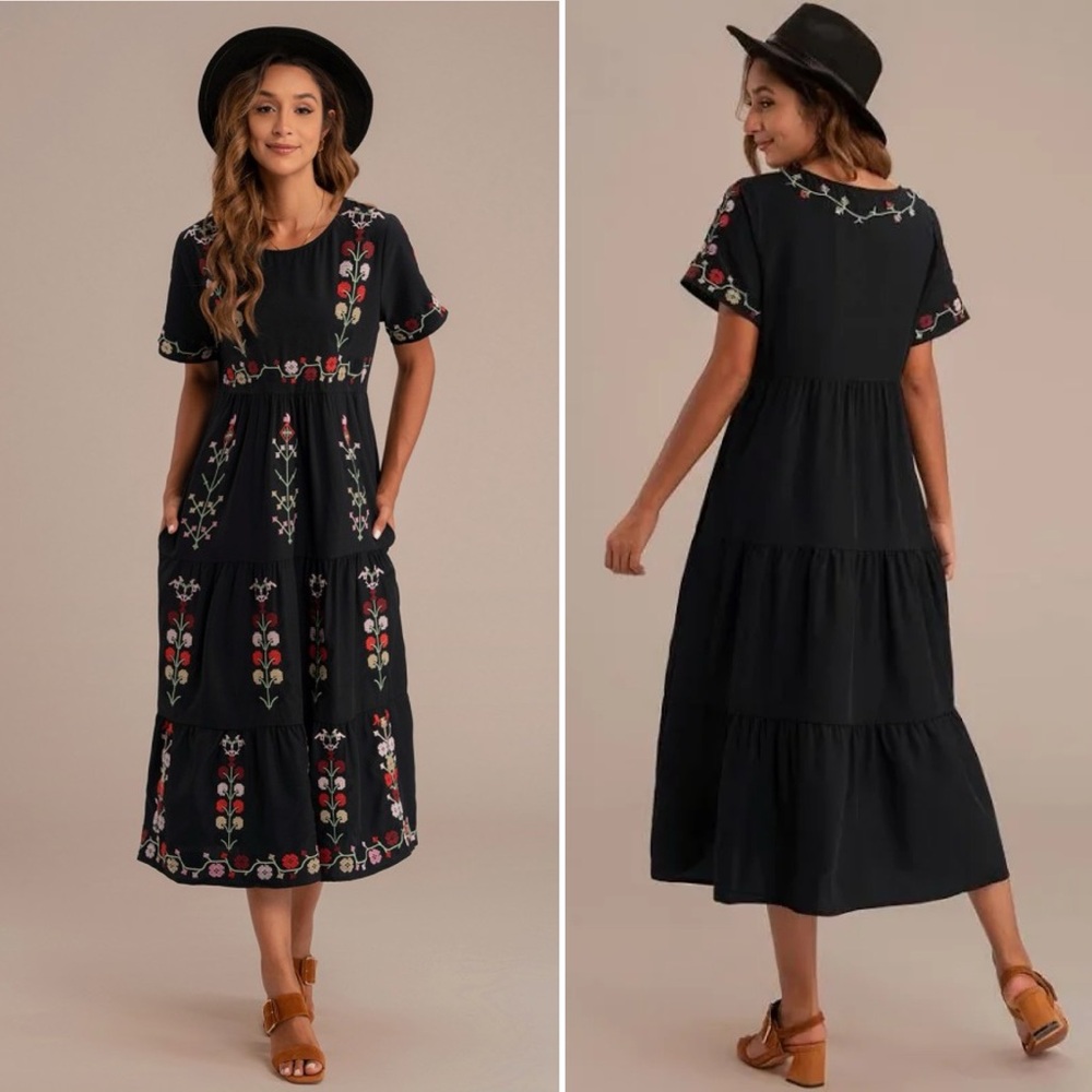 Petallush Floral Embroidered Short Sleeve Round Neck Tiered Midi Dress Large NWT
